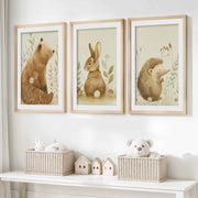 Woodland Nursery Wall Decor – Bear, Bunny & Hedgehog Set- Natural Wood Framed Poster with White Border - Artworksets