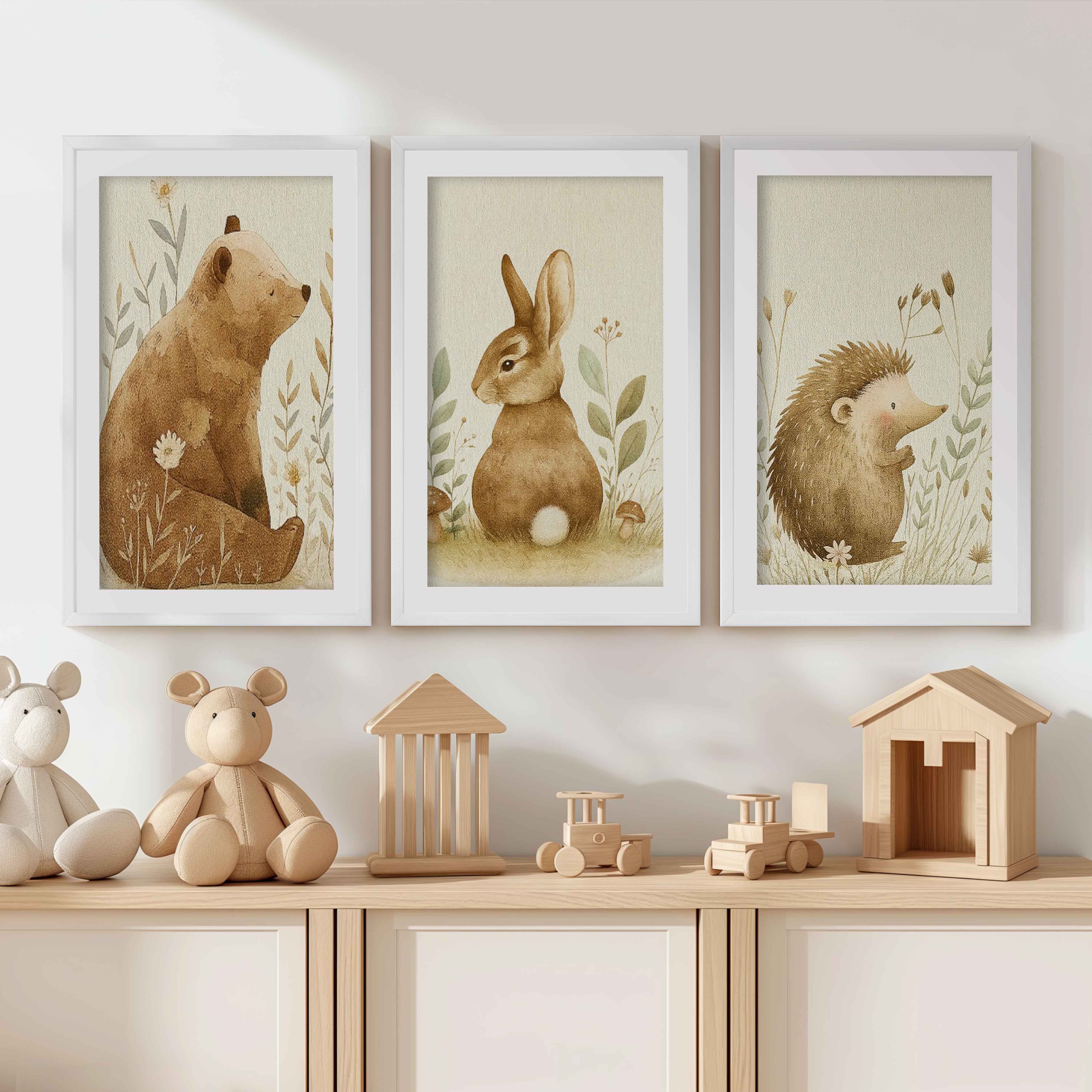 Woodland Nursery Wall Decor – Bear, Bunny & Hedgehog Set - White Framed Poster with White Border - Artworksets